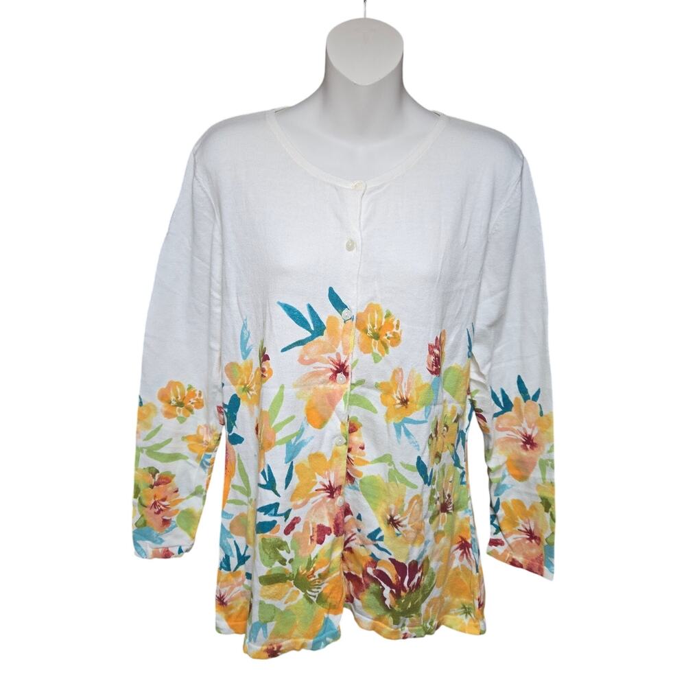 Norm Thompson Women Medium Tunic Blouse Floral Button Up Cardigan Casual Stretch